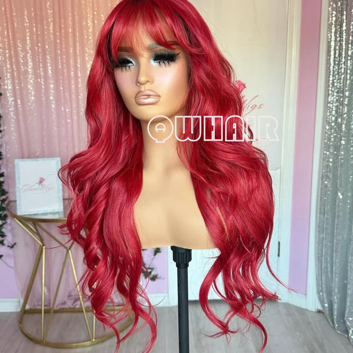 QW Synthetic Hair Red Bangs 13X4  Body Wave Soft  Lace Front Wig For Women Hair Heat Resistant Fiber Cosplay  Daily