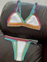 Damski biały zestaw ręcznie szydełkowane Bikini seksowny strój kąpielowy Boho brazylijski odwracalny szydełkowy strój kąpielowy uroczy kostium kąpielowy strój kąpielowy