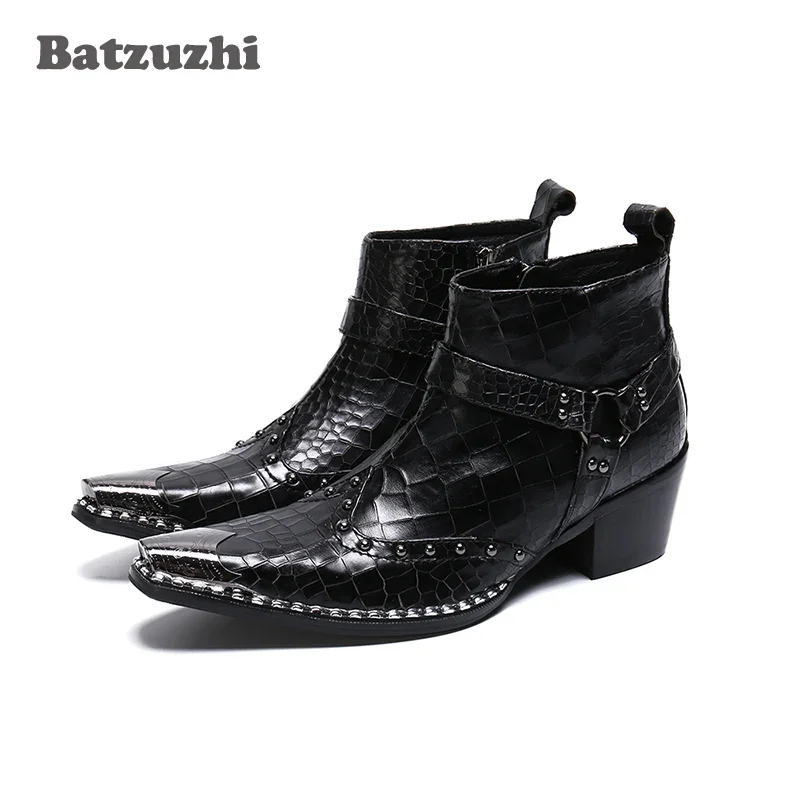 

Batzuzhi Fashion Men Boots Pointed Metal Tip Black Genuine Leather Boots Ankle Motorcycle Boots Punk 6.5cm High Heels