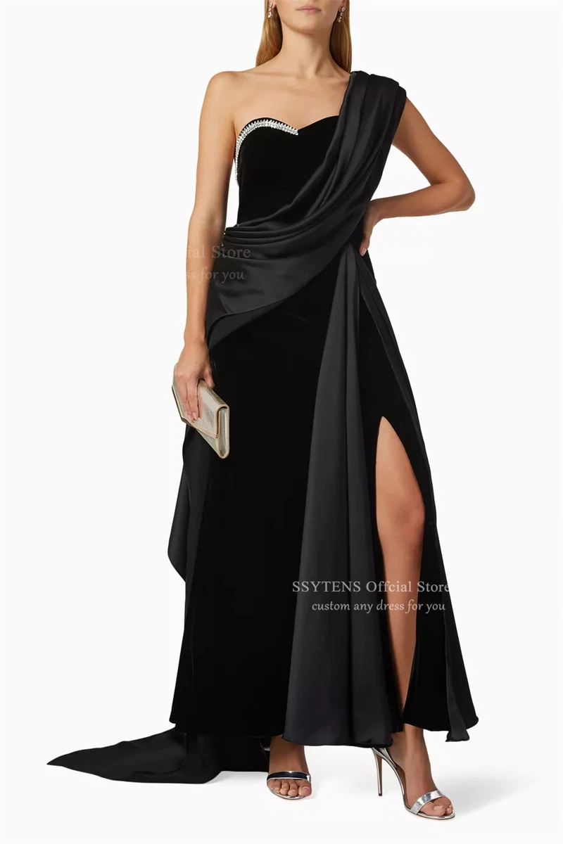 SSYTENS One Shoulder Evening Dresses Black Elegant Women Party Dress Customized Velvet Beads Wedding Guest Formal Occasion Gown