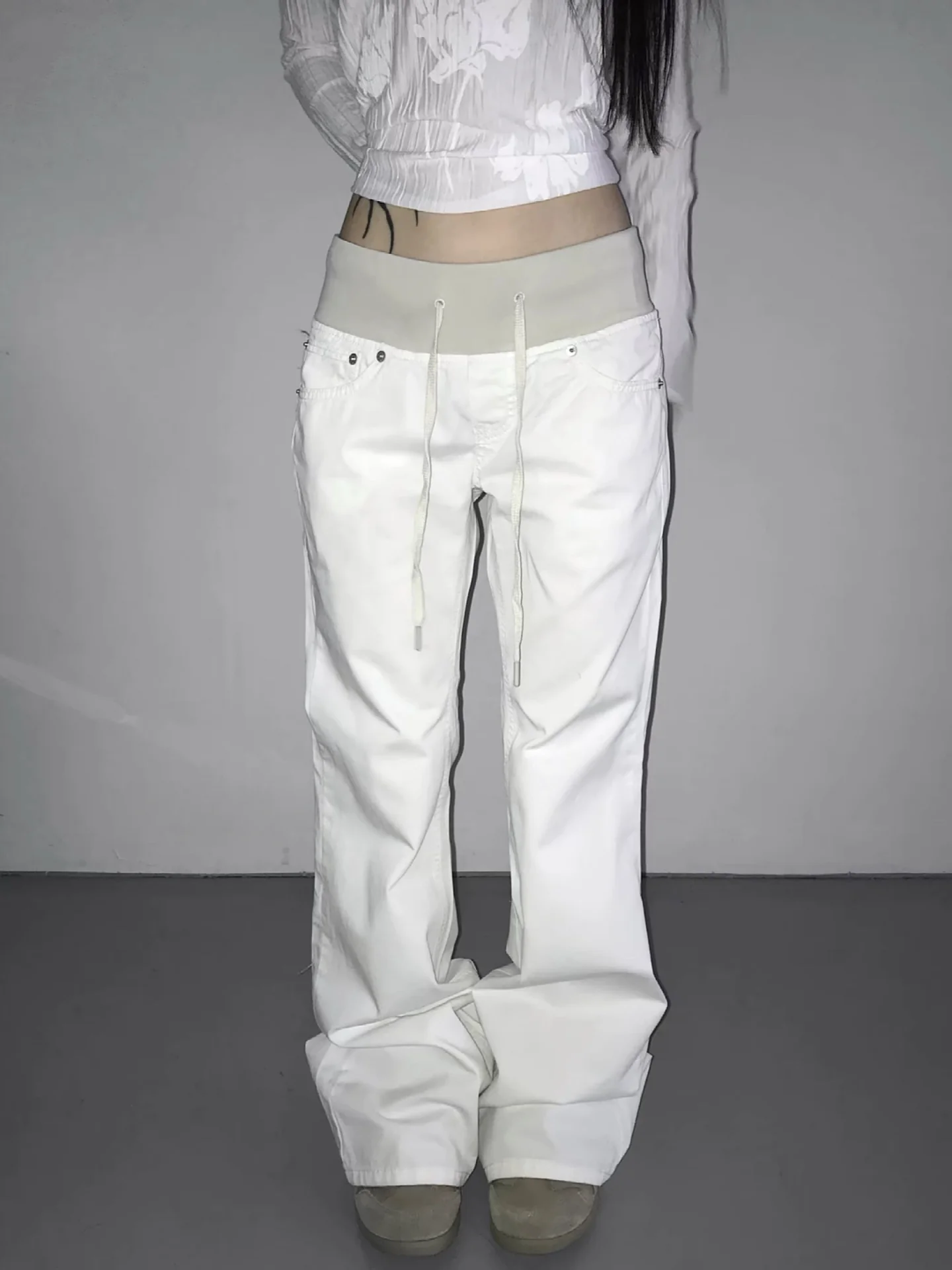 

Low Waist Flared Casual Pants Women's Retro Patchwork Belted American Style plus Size Slimming Floor-Length Y2K Trendy Girls