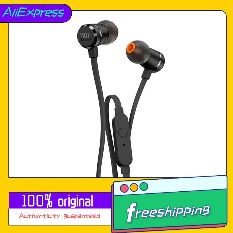 JBL T290 3.5mm Wired Earphones TUNE 290 Earbuds Stereo Music Sports Pure Bass Headset 1-Button Remote Hands-free Call with Mic