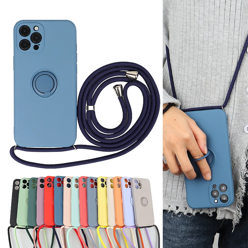 Solid Color Matte 360° Rotating Ring Holder Hanging Rope Phone Case For IPhone 17 Pro Max 13 14 15 16 Shock-absorbing Protective
