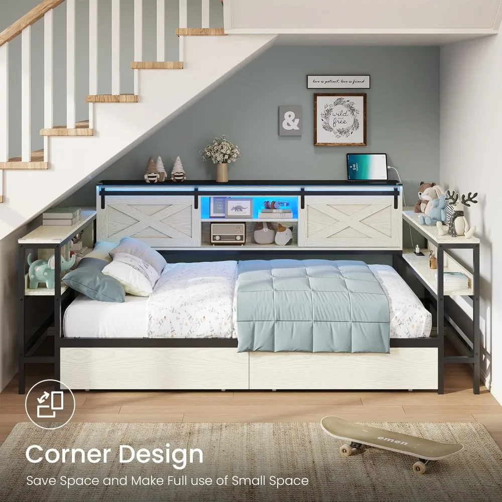 Estrutura de cama dupla XL de canto com gavetas de armazenamento, estação de carregamento e luzes LED Farmhouse Twin XL Daybed com cabeça de armazenamento