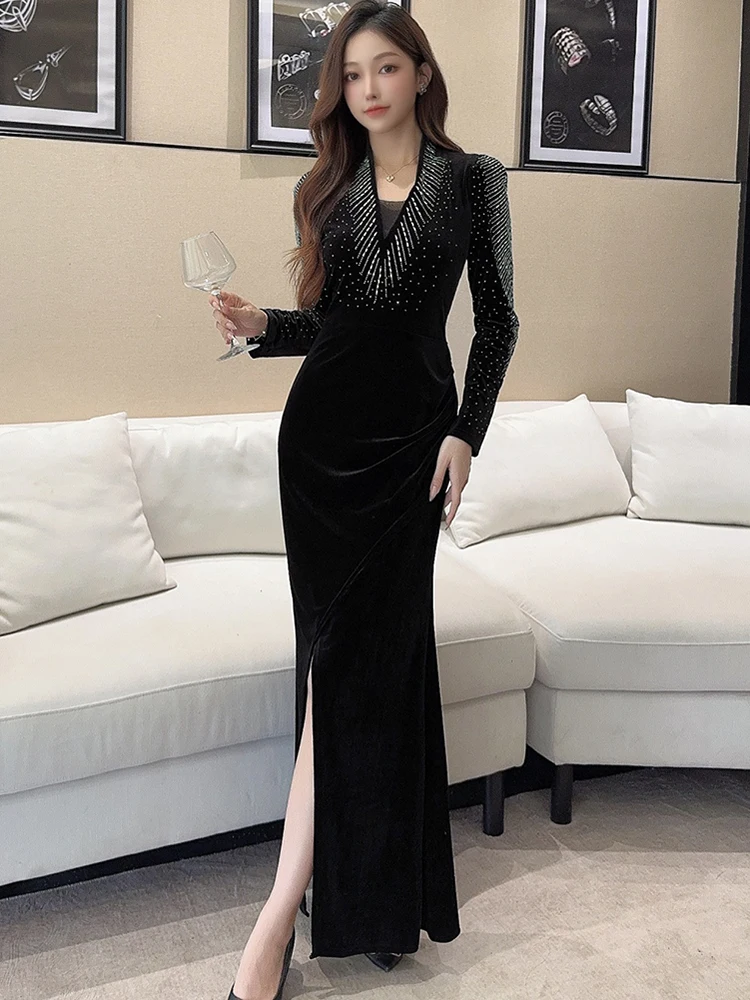 Robe longue de luxe en velours noir pour femmes, col en v, diamants, Vintage, moulante, robe de bal, Festival coréen, automne hiver, 2025
