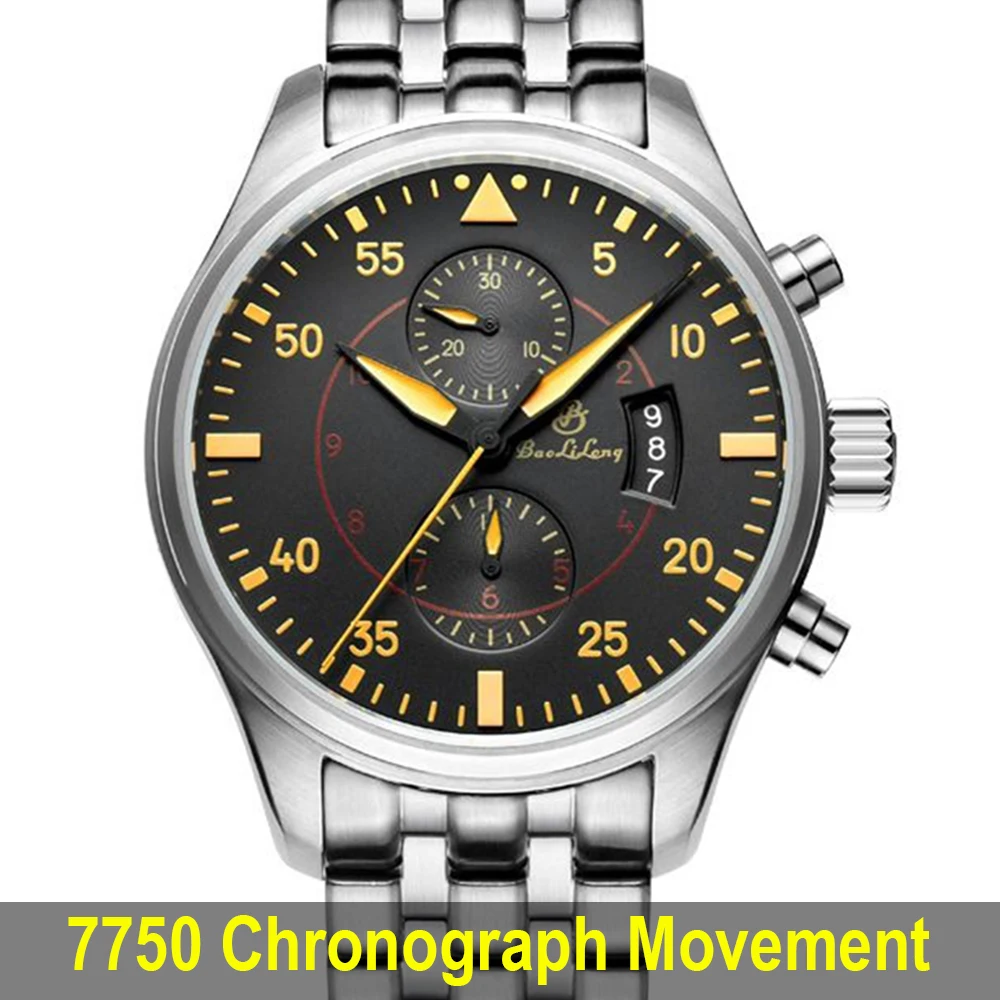 

Pilot Chronograph Watch Men 7750 Chrono Automatic Watches Vintage 46mm Mechanical Wristwatches Military Airforce Clock BAOLILONG