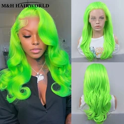 Fluorescent Green Colored Long Synthetic Hair Lace Front Wigs For Women Yellow Cosplay Party Natural Wavy Wigs Lace Frontal Wigs