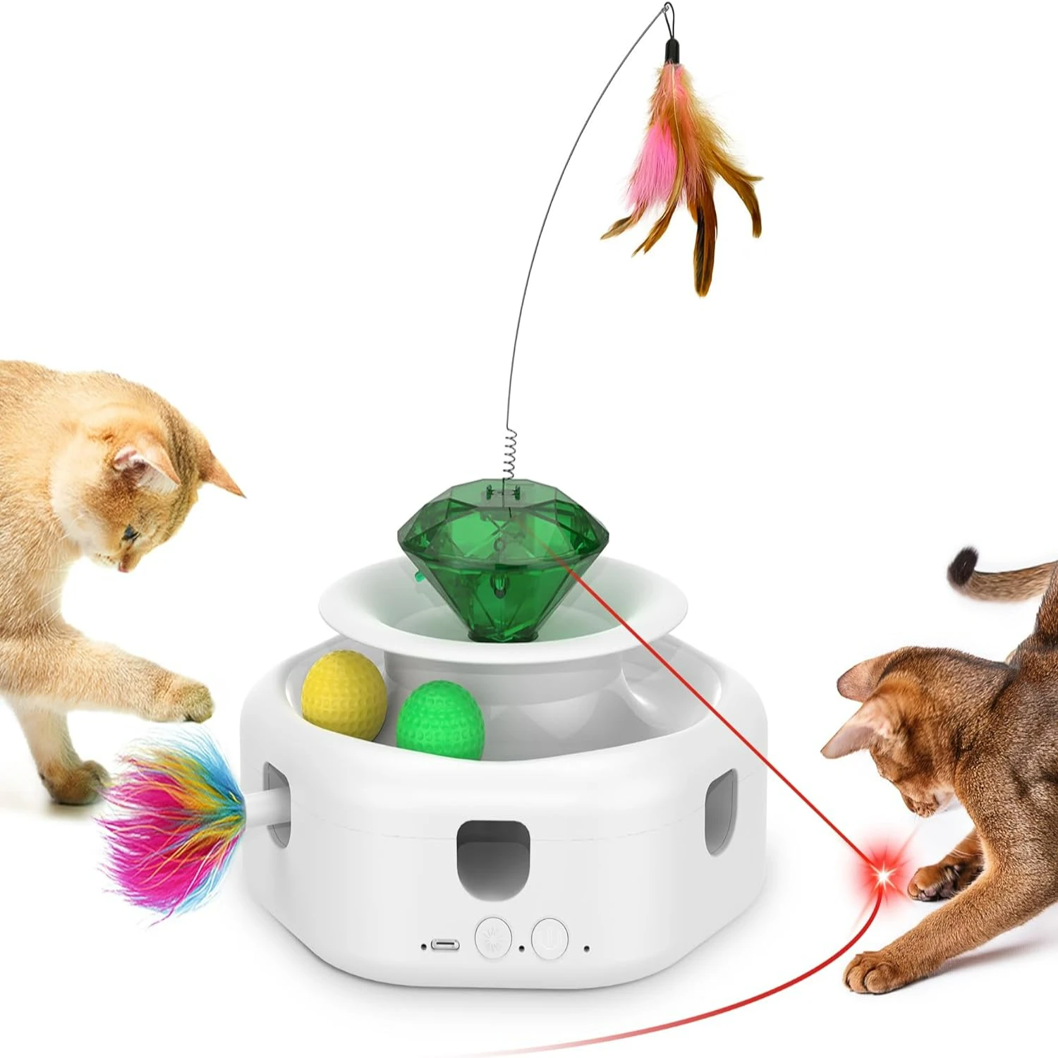 

Ideal toy for all playful kittens and cats of any breed - Amazing 4in1 automatic cat laser toy with flittering feather, moving b