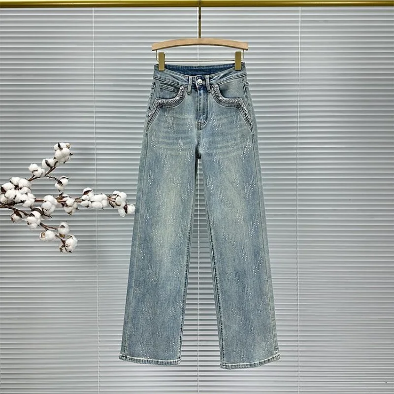 

Женские джинсы длиной до пола со стразами и высокой талией, модная весенняя одежда, универсальные широкие длинные брюки в европейском стиле