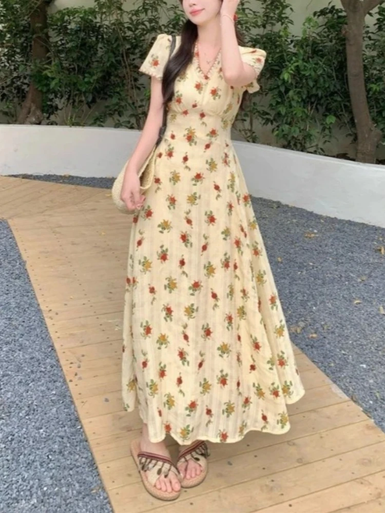Vintage Floral Dress Women Elegant Lace Chiffon Korean Party Dress Puff Sleeve V Neck Midi Dress Fall Dresses for Women 2024