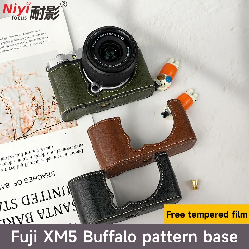 Camera Case for Fujifilm X-M5 Camera Half Case Body Base Buffalo Pattern Fuji X-E5 Leather Bag Protector Bottom Battery Opening