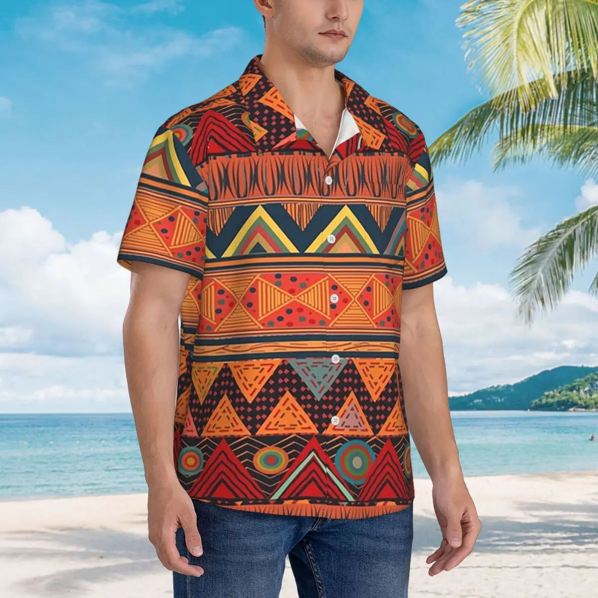

Tribal Ethnic (earth Colors) Hawaiian Shirts Fashion Men Short Sleeve Shirt for Summer Beach Men's Button Tops