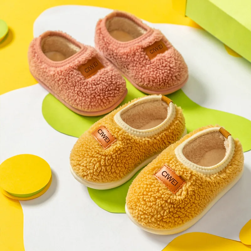 Cotton slippers children's cotton fluffy shoes 1-6 years old girl baby warm fleece home slippers winter heel