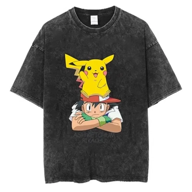 

Summer Hot Pokémon Joint Cotton T-shirt Old Washed Genggui Squirtle Periphery Short-sleeved Pikachu Top Half-sleeved Clothes