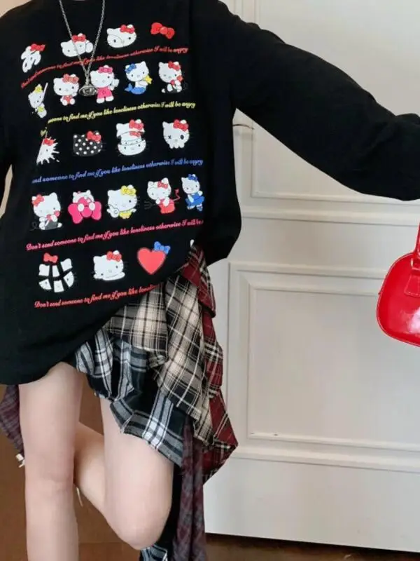 سانريو جديد الحلو الكرتون هوديي مرحبا كيتي هوديي فضفاضة طويلة الأكمام الياقة المستديرة فتاة الطباعة الربيع والخريف نمط هوديي