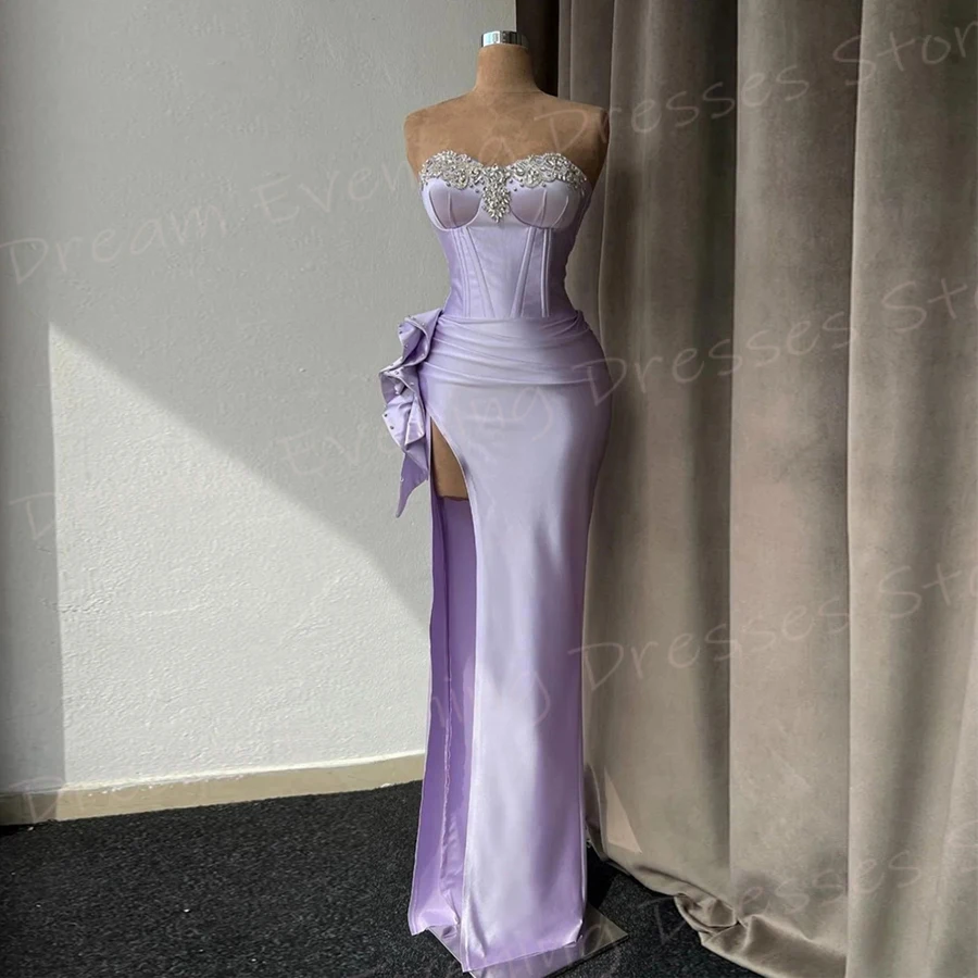 Beautiful Purple Mermaid Modern Women's Evening Dresses Sweetheart Sleeveless Prom Gowns Beaded Side High Split Vestido De Noche