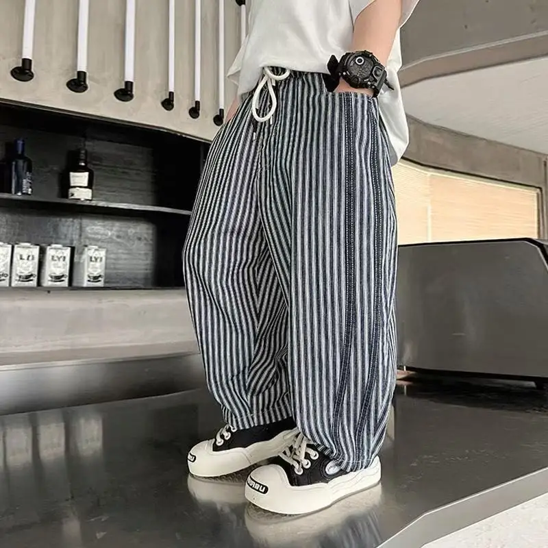 Children's Breathable Summer and Autumn Thin Mosquito Pants Elastic Waist Teen Boys Striped Pants Kids Casual Loose Trousers