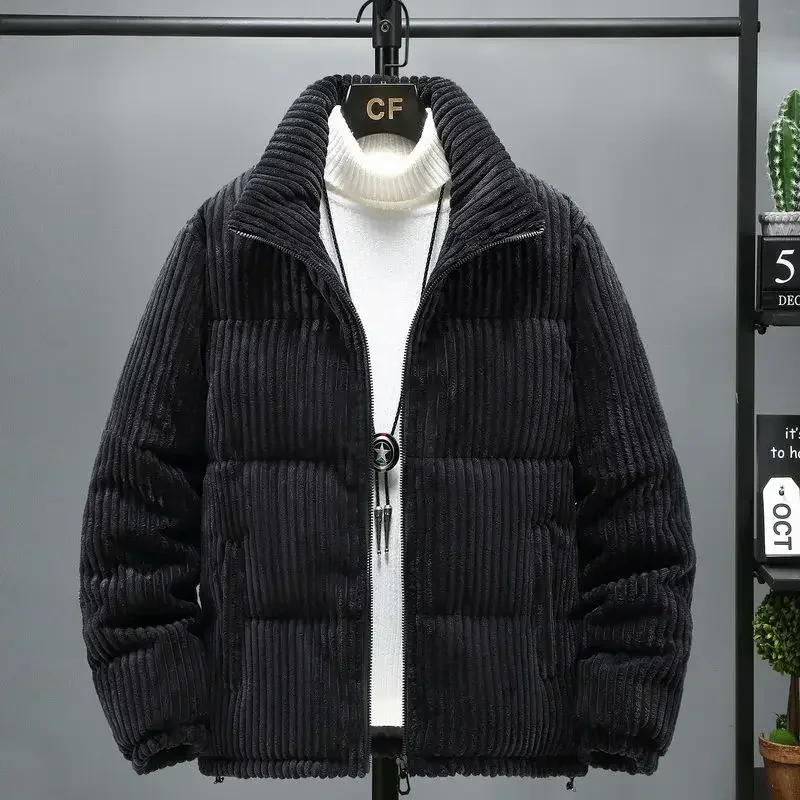 Jaqueta de veludo quente masculina, roupa de inverno, grossa, vintage, casual, solta, gola alta, zíper, algodão acolchoado, casaco de parka