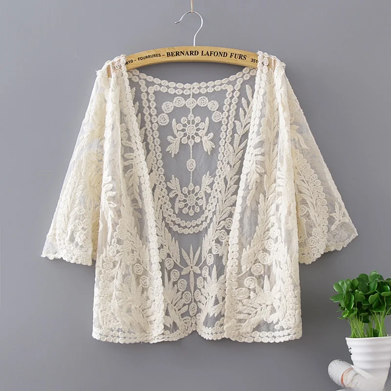 

n Lace ort Open Cardigan Women's Summer Top Sun Protection Outerwear Hook Flower Hollow out Cover up Loose Fit Pure ...