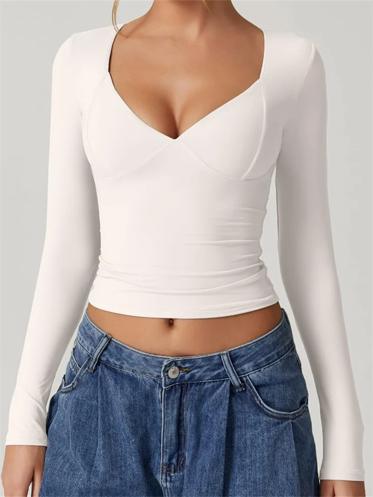 تي شيرت نسائي بلون سادة وأكمام طويلة بقصة ضيقة ورقبة على شكل حرف V قمصان غير رسمية لربيع وخريف جديد #4