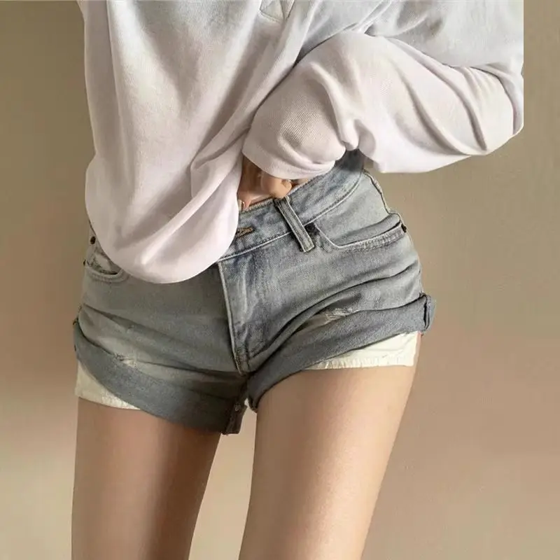 Retro Ripped Low-rise Denim Shorts Women 2026 Summer Hip-wrapped Jean Hot Pants Booty Shorts