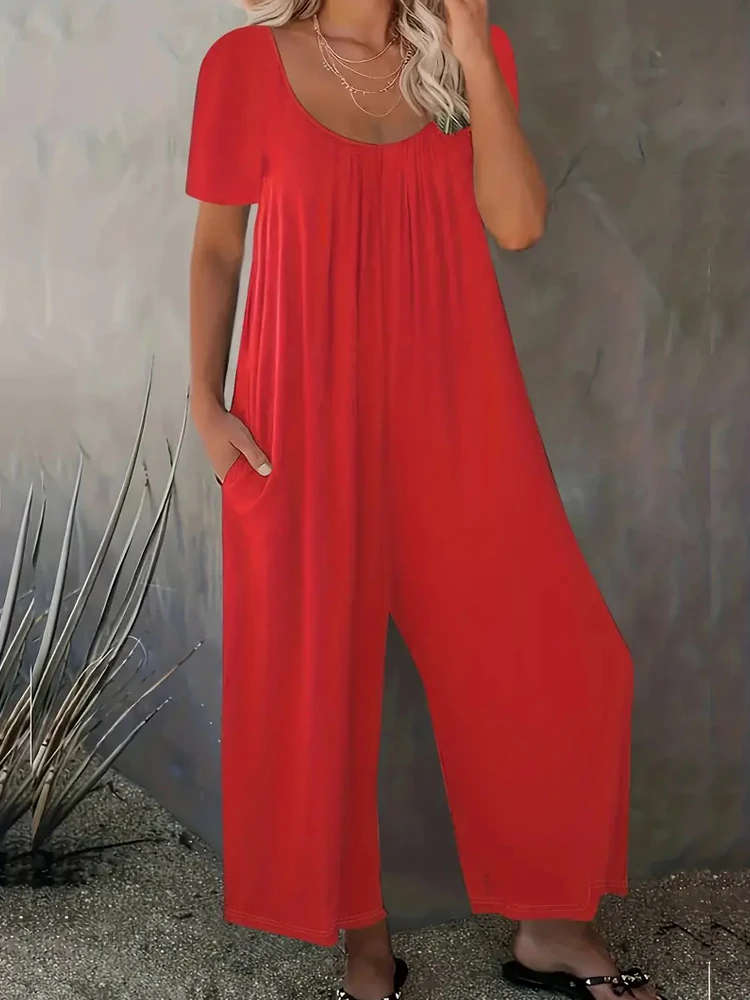 Summer Chic Solid Casual Pockets Jumpsuit Crew Neck Short Sleeve Wide Leg Long Pant Versatile Outfit Plus Size Women\'s Clothing