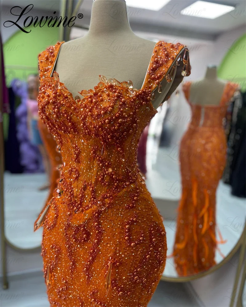 Lowime Orange Mermaid Feathers Evening Gowns Formal Beaded Crystals Arabic Party Drsses For Women 2024 Customized Prom Dresses