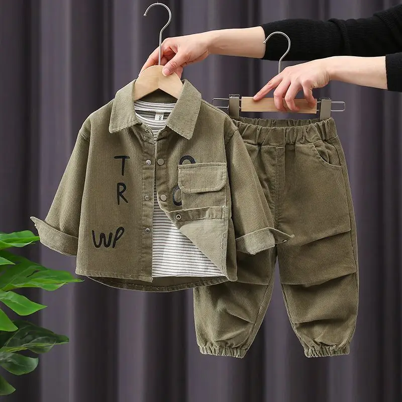 Spring Autumn Long Sleeve Corduroy Fashion Baby Shirt and Pants Boy\'s Two Piece Set Trend Kids Suit Cute Chic Children\'s Clothes