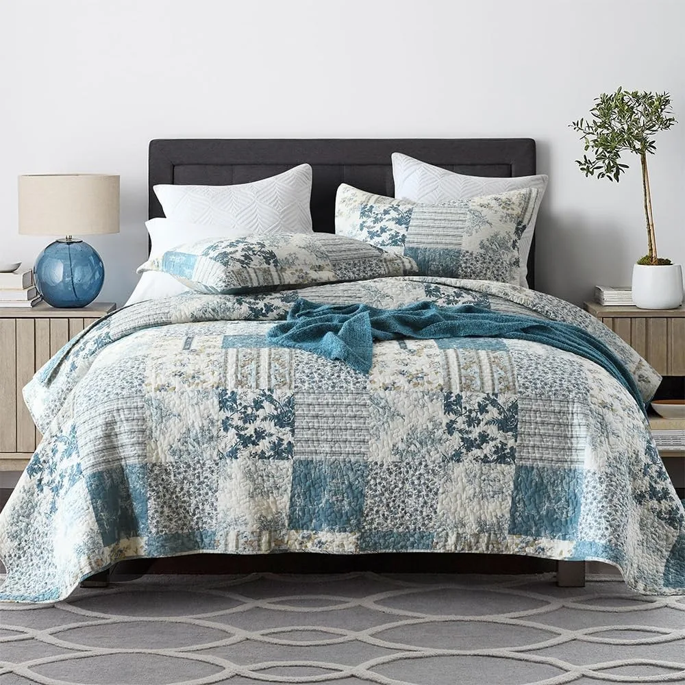 

Cotton Bedspread Quilt Sets Reversible Coverlet Sets Comforters Patchwork Bedspread (Blue Vintage Floral, King Size)