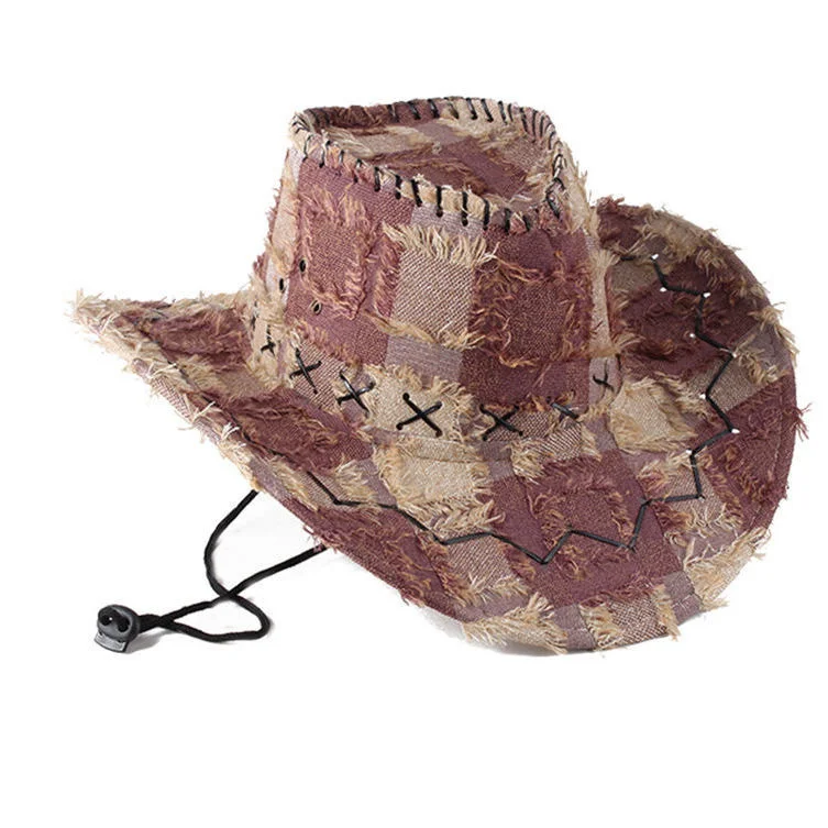 Western Cowboy Hat Pull Wool Lattice Knight Hat Tourist Hat Men Women Sun Visor Mongolian Hat Imitation Leather Hat