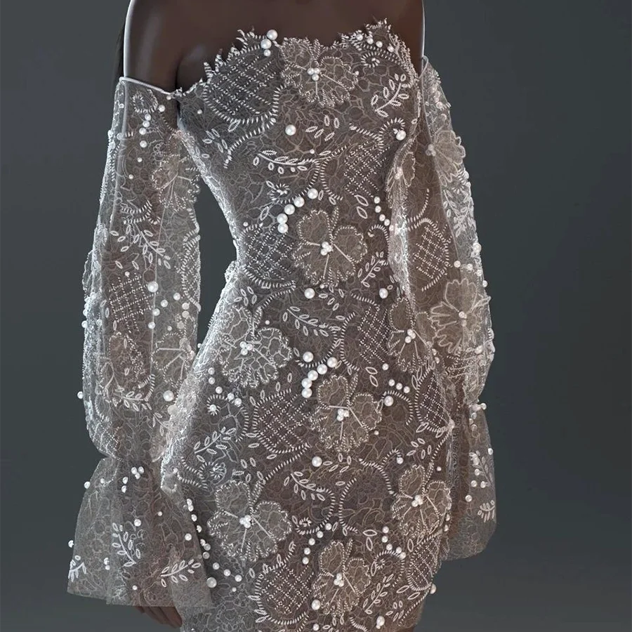 أنيقة قبالة الكتف الدانتيل الخرز كم كامل فساتين زفاف العروس البسيطة أثواب الزفاف حسب الطلب