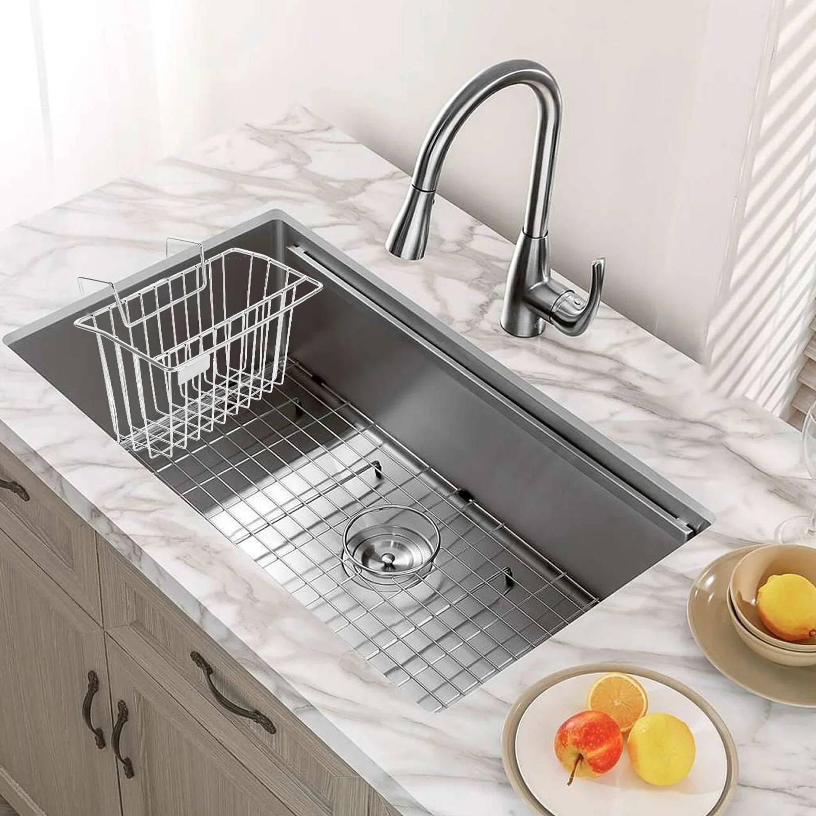 

Hanging Sink Organizer Stainless Steel Drain Basket Kitchen Sponge Holder Multifunctional Rack Soap Dish Towel Holder