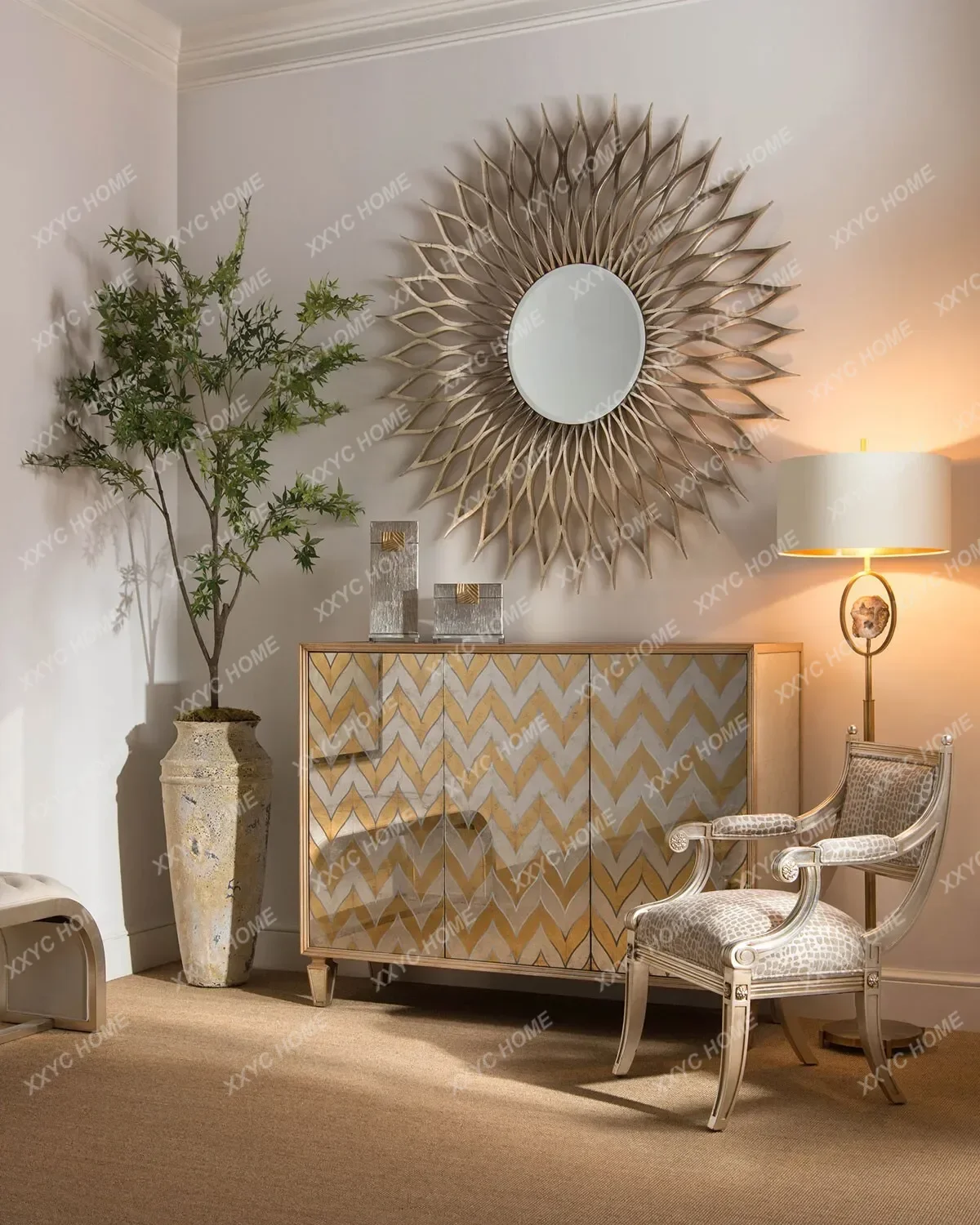 Sun Decorative Mirror, Light Luxury Round Entrance Mirror, Living Room Wall-Mounted Fireplace Mirror