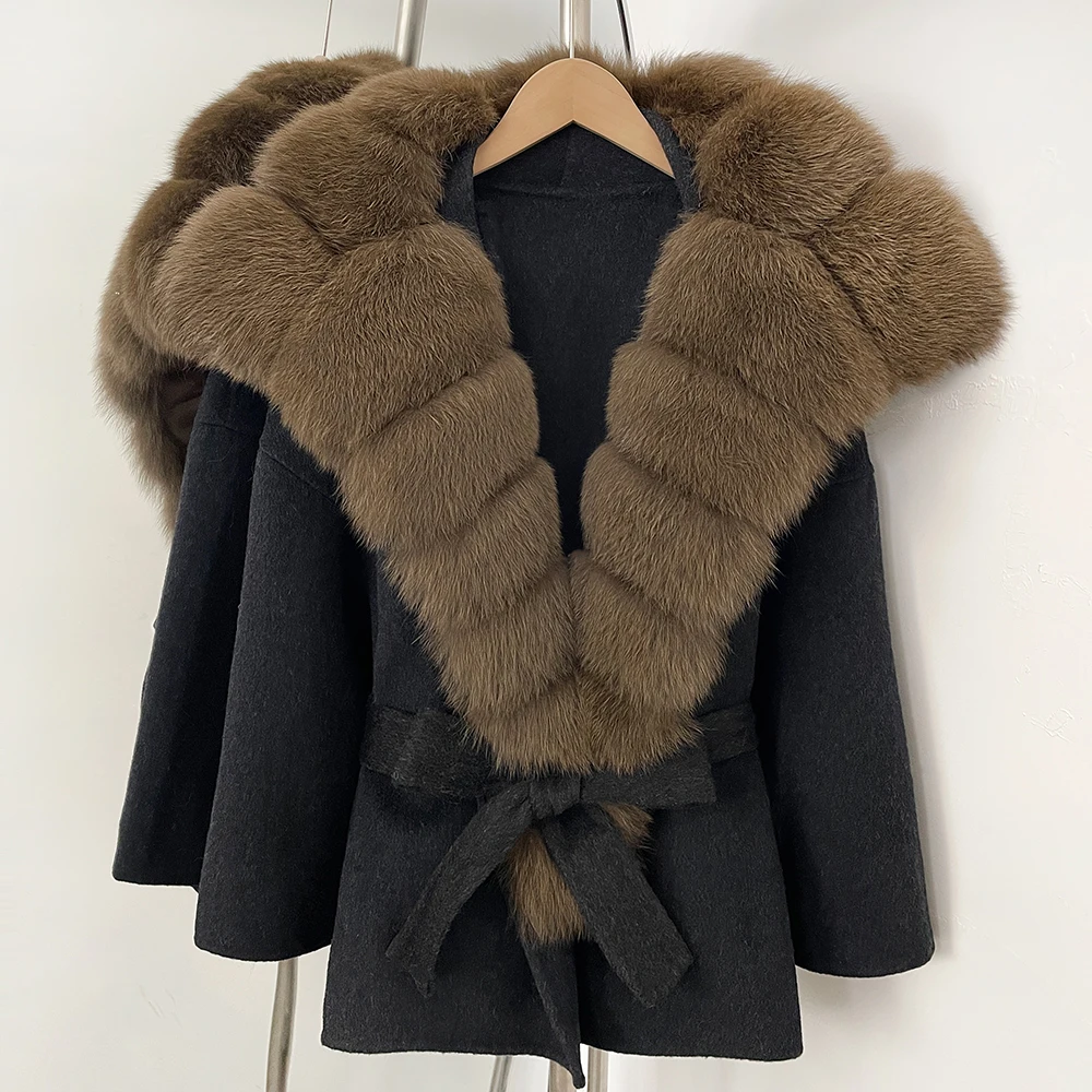 Echter Fuchspelzkragen, Realitätspelzjacke, Luxus, 2025, neue Winter- und Herbstmäntel für Damen und Herren, elegantes Gürtel-Design, Oberbekleidung, Wollmantel