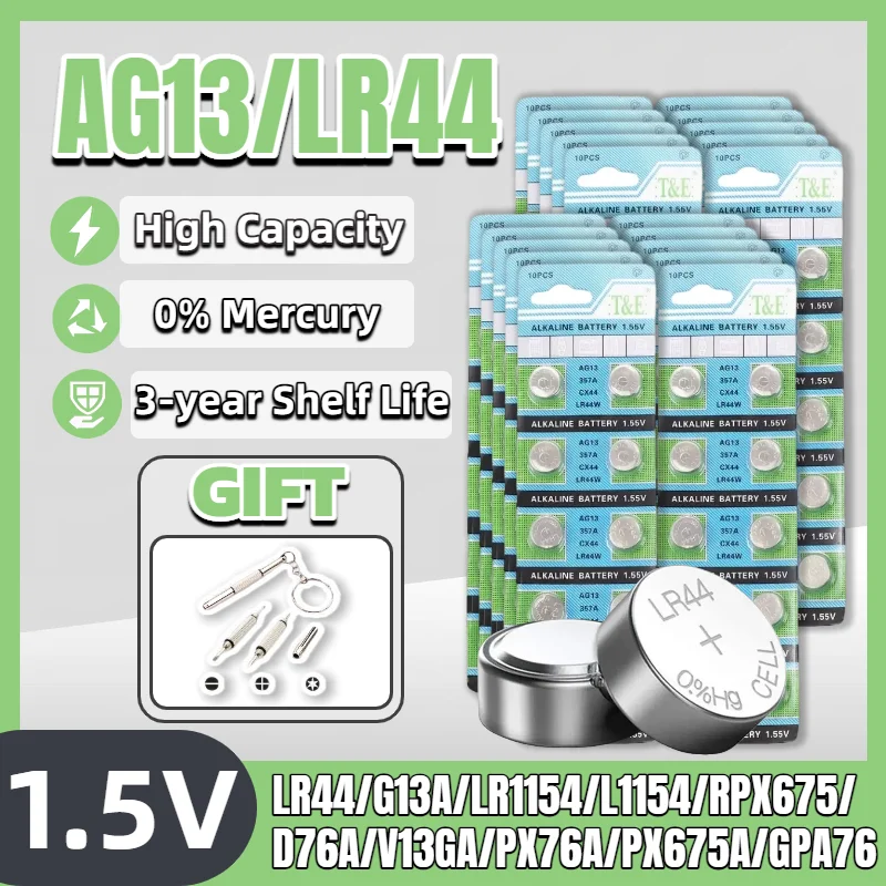 

High Power LR44 AG13 SR44SW A76 L1154F 1.5V Alkaline Button Cell Battery for Calculator, Watch, Toy, Scale, Thermometer
