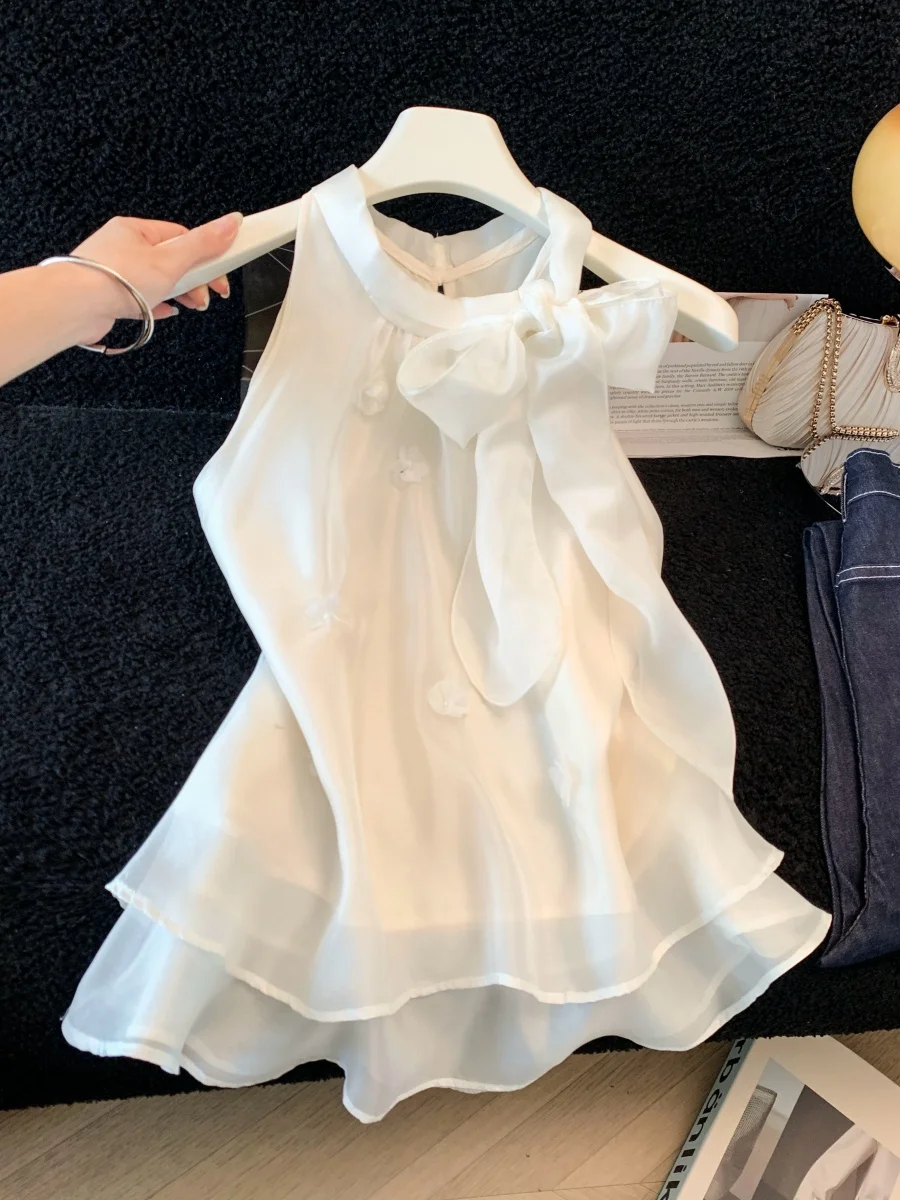 

Unique Beautiful White 3D Flower Knot Scarf Collar Top Women Summer New Style Hanging Neck Chiffon Small Shirt