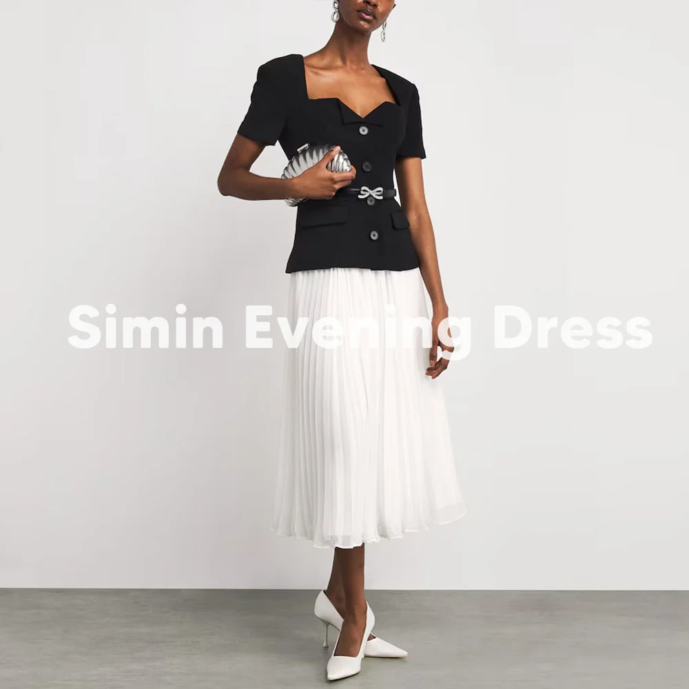 

Simin Women's Square Collar Button A Line Bow Sashes Evening Dresses With Short Sleeves Tea-Length Formal Elegant Dresses 2025