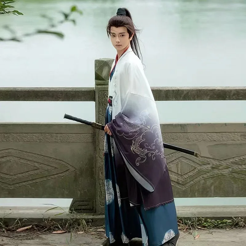 

Men's Loong Pattern Printing Traditional Weijin Period Costume Stylish Boys Stage Performance Clothing Old Chinese Dragon Hanfu