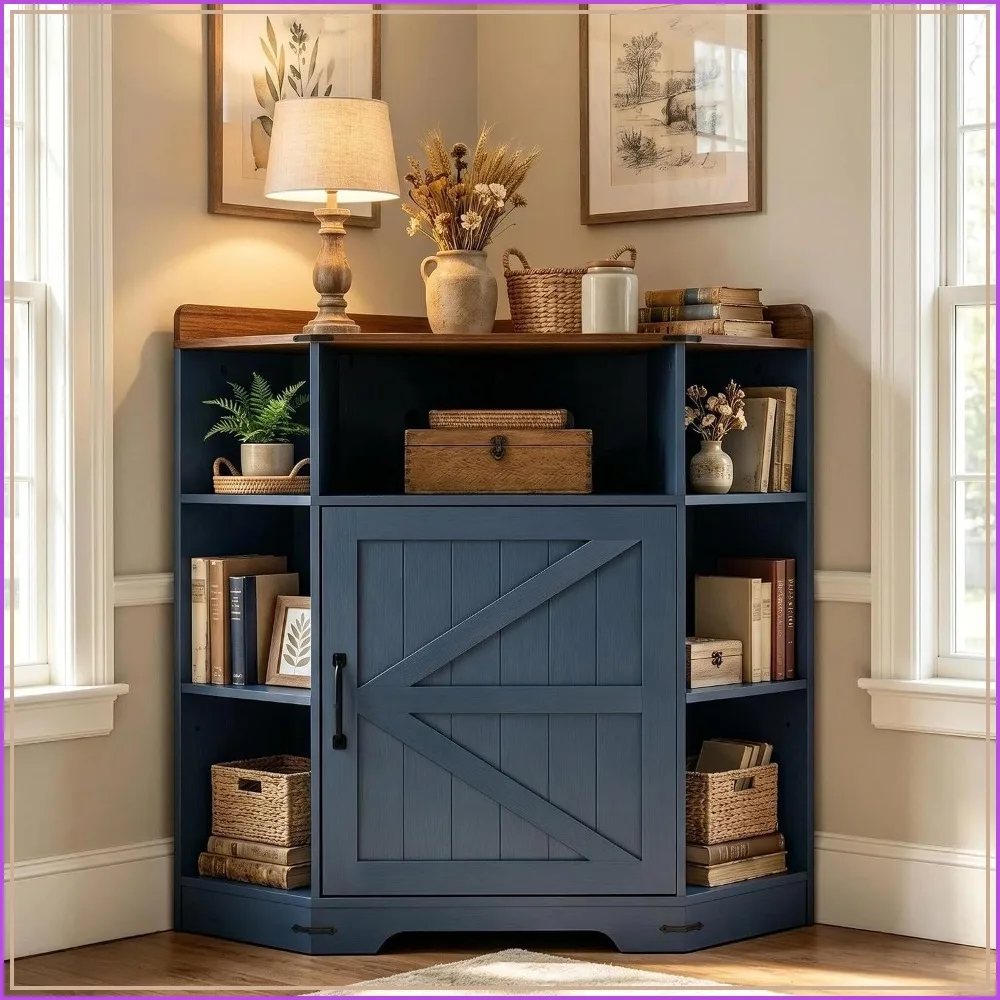 Corner Storage Cabinet with Charging Station, 6-Cubby Wooden
