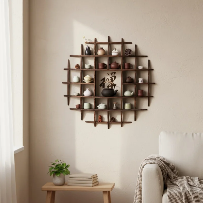 Japanese Style Teacup HolderWall-Mounted Antique Shelf, Tea Set Stand, Wall Decoration, Solid Wood Teapot Rack Collection