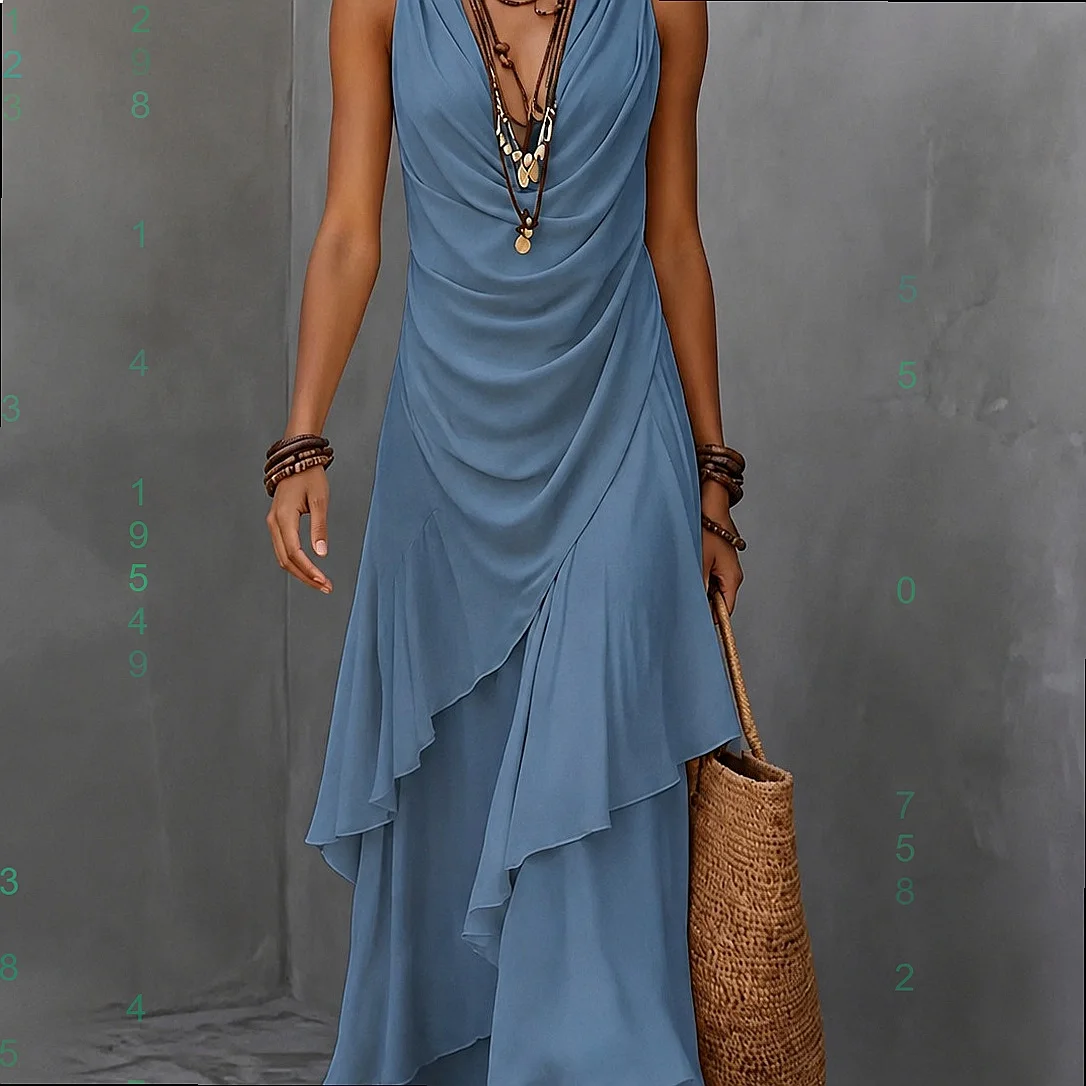 2026 Womens V Neck Sleeveless Dress Summer Casual Long Dresses Ruffle Hem Flowy Tiered Maxi Dresses