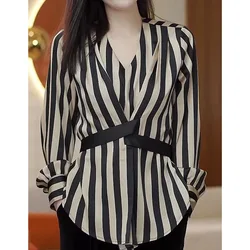 Fashion Summer 2024 Women's New Pullover V-neck Spliced Stripe Folds Drawstring Fashion Loose All-match Long sleeved Shirts