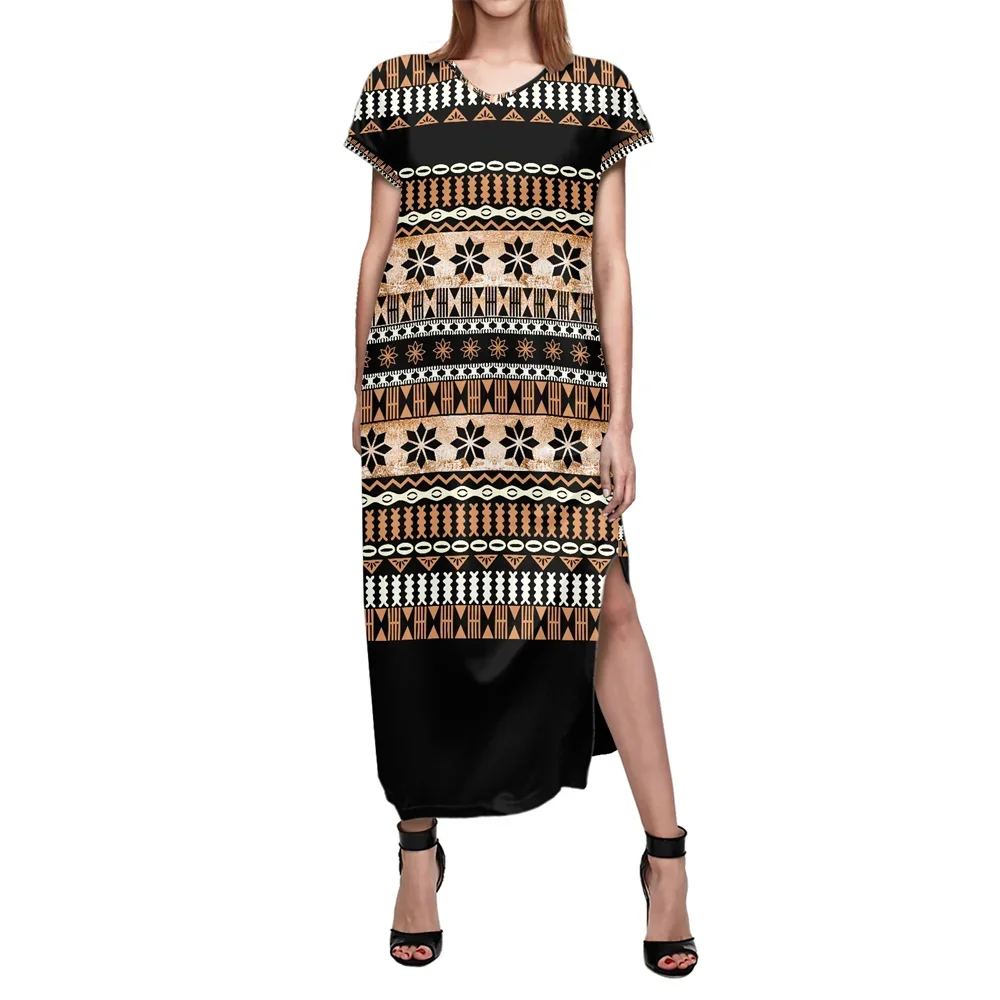 

Fashionable Polynesian Tribal Clothing Samoa Retro Brown Fiji Masi Tapa Print Women's Summer Split Dresses Sleeveless Long Dress