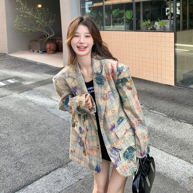Korean Style Graffiti Print Blazer Women 2026 Autumn Casual Chic Cropped Jacket Petite Fashion Streetwear Outerwear