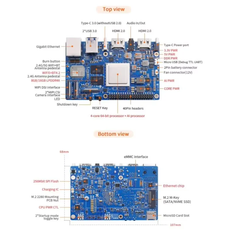 Orange Pi AIpro 8-12 Tops AI Computing Power Processor 8GB/16GB LPDDR4X Mini PC Single Board Computer AI board kits