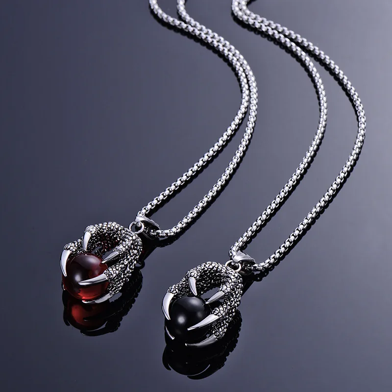 

Domineering Dragons Claw Stainless Steel Necklace Men's Punk Blue Whites Black Red Crystal Ball Pendant Necklace Fashion Jewelry