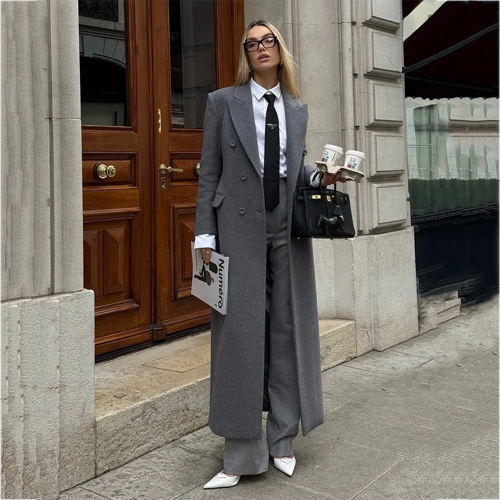 Chic Peak Lapel Women Suit Overcoat Autumn Winter Single Button Maxi Coat Straight Elegant Office Lady Formal Long Jacket Pants