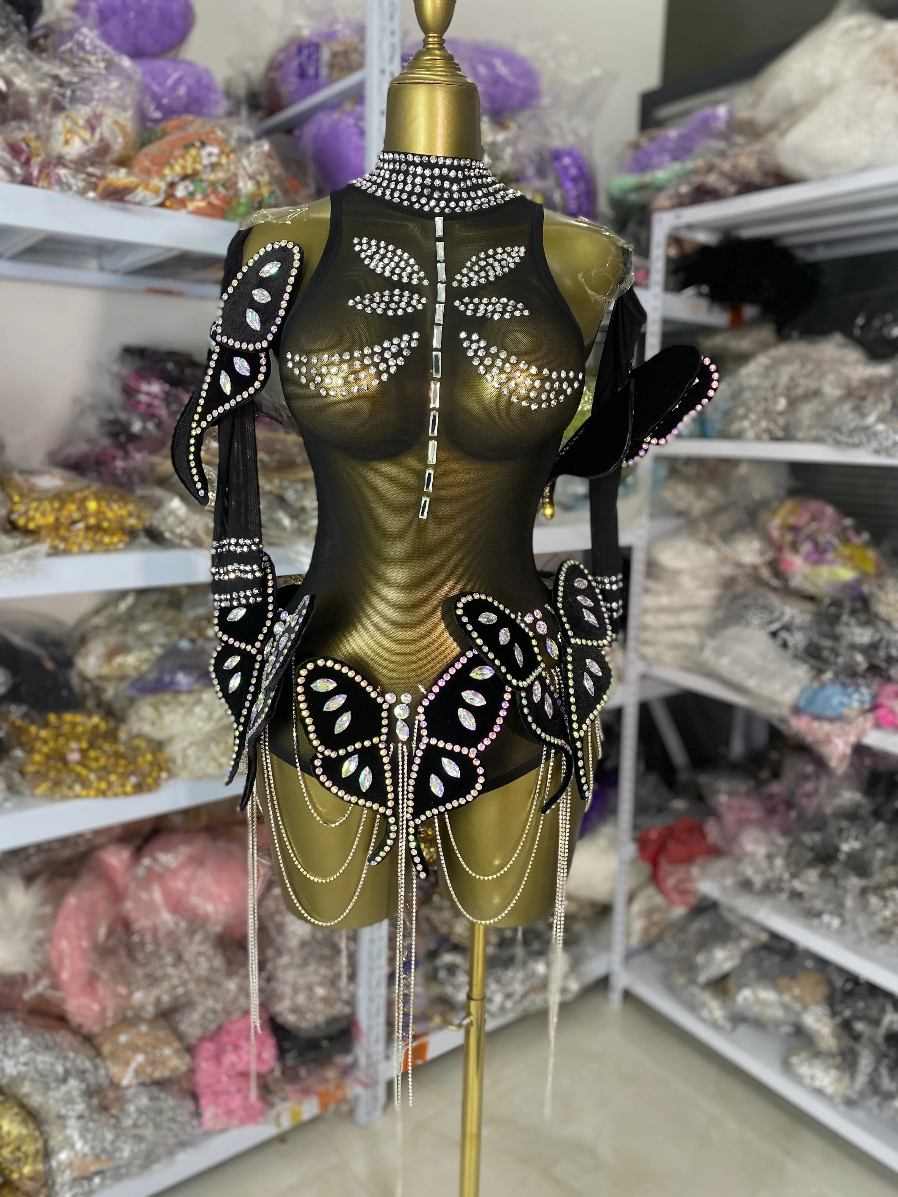 

Sexy Transparent Rhinestones Tassel Mesh Bodysuit for Women Halloween Party Butterfly Cosplay Costume Bar Singer Show Stage Wear