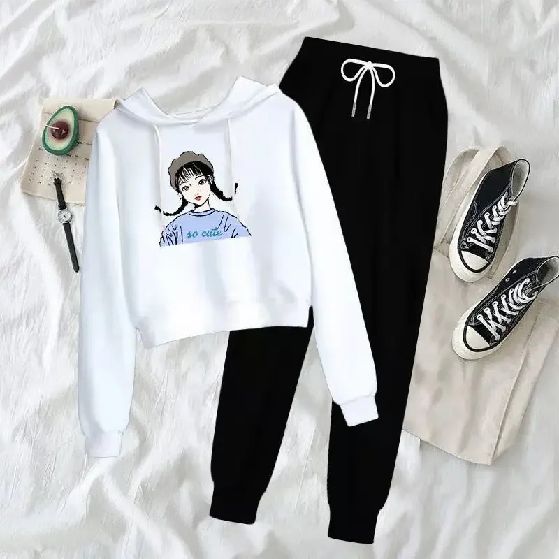 

Women's Casual Fashion Suit 2025 Spring and Autumn Hooded Sweater Korean Version Student Loose Long Sleeves Pants Two Piece Set