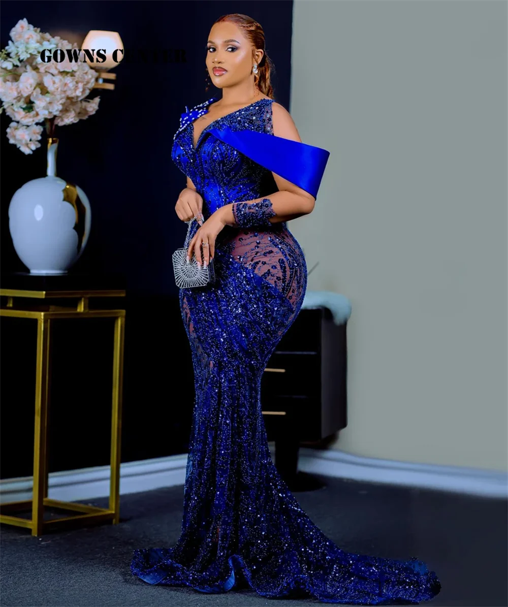 

Long Sleeves Royal Blue Aso Ebi Mermaid Evening Dresses Beads Applique Elegant Party Dresses For Women 2025 Affrican Customized